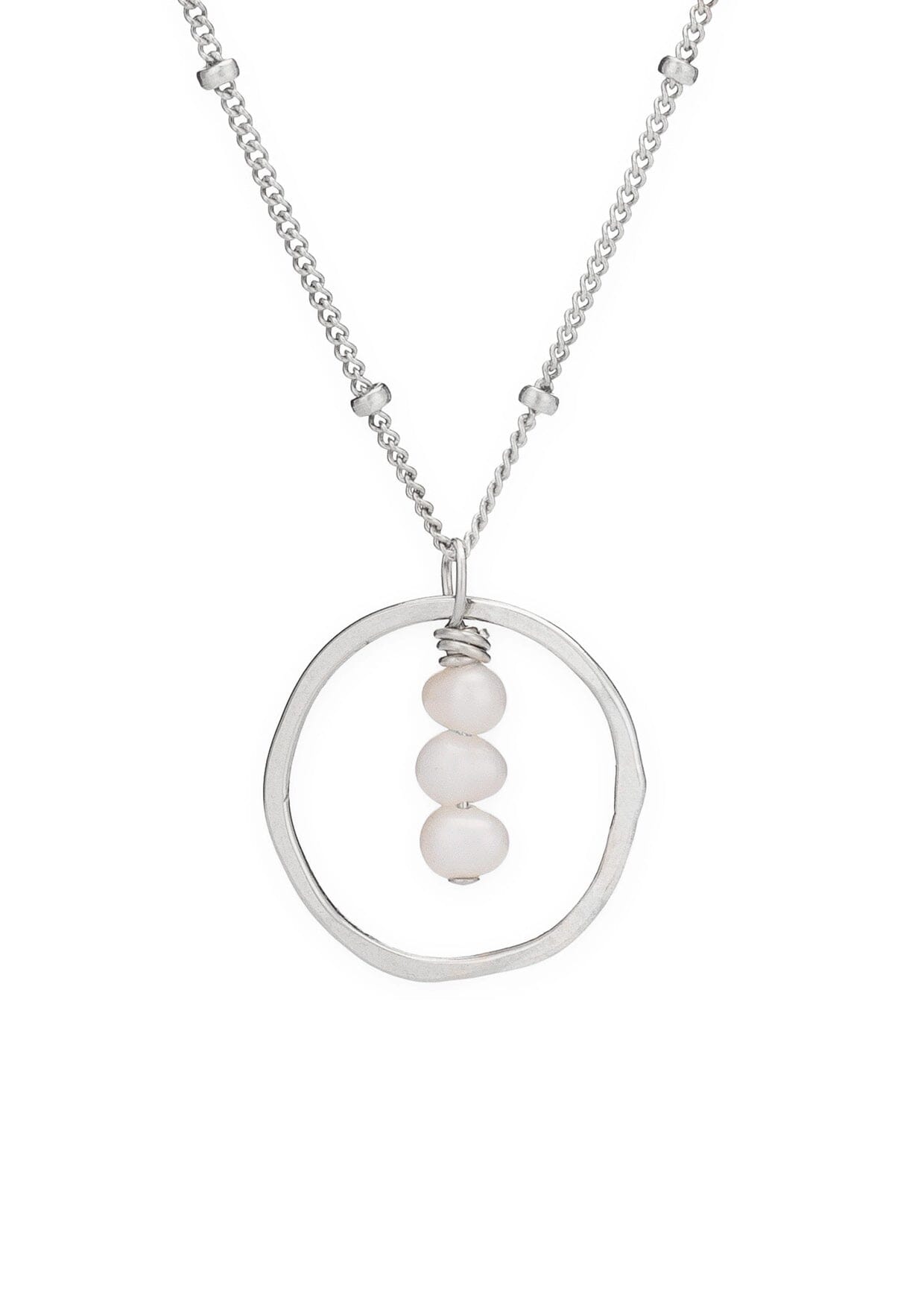 Sterling silver necklace with a circular pendant featuring three fresh water pearls suspended by a delicate beaded chain.