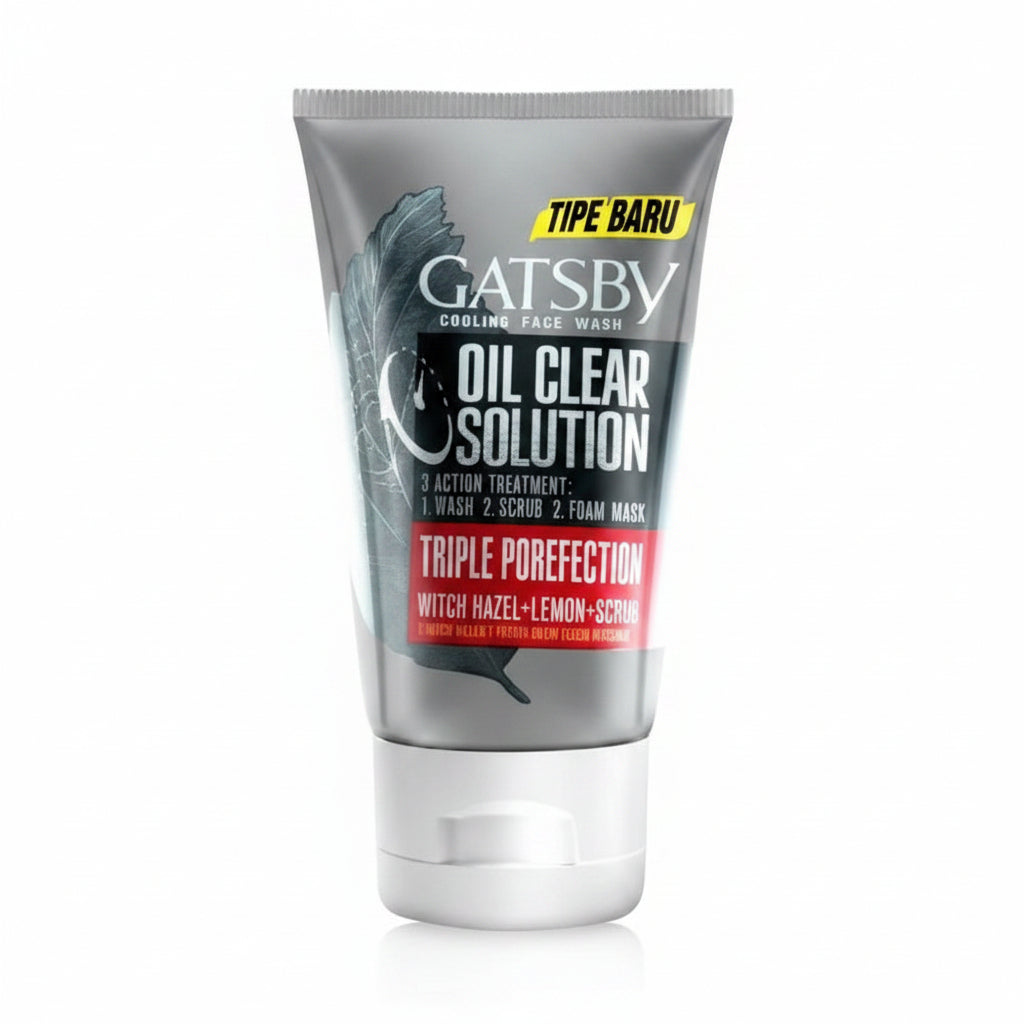 Gatsby Oil Clear face wash tube, gray with red and blue label, 100g