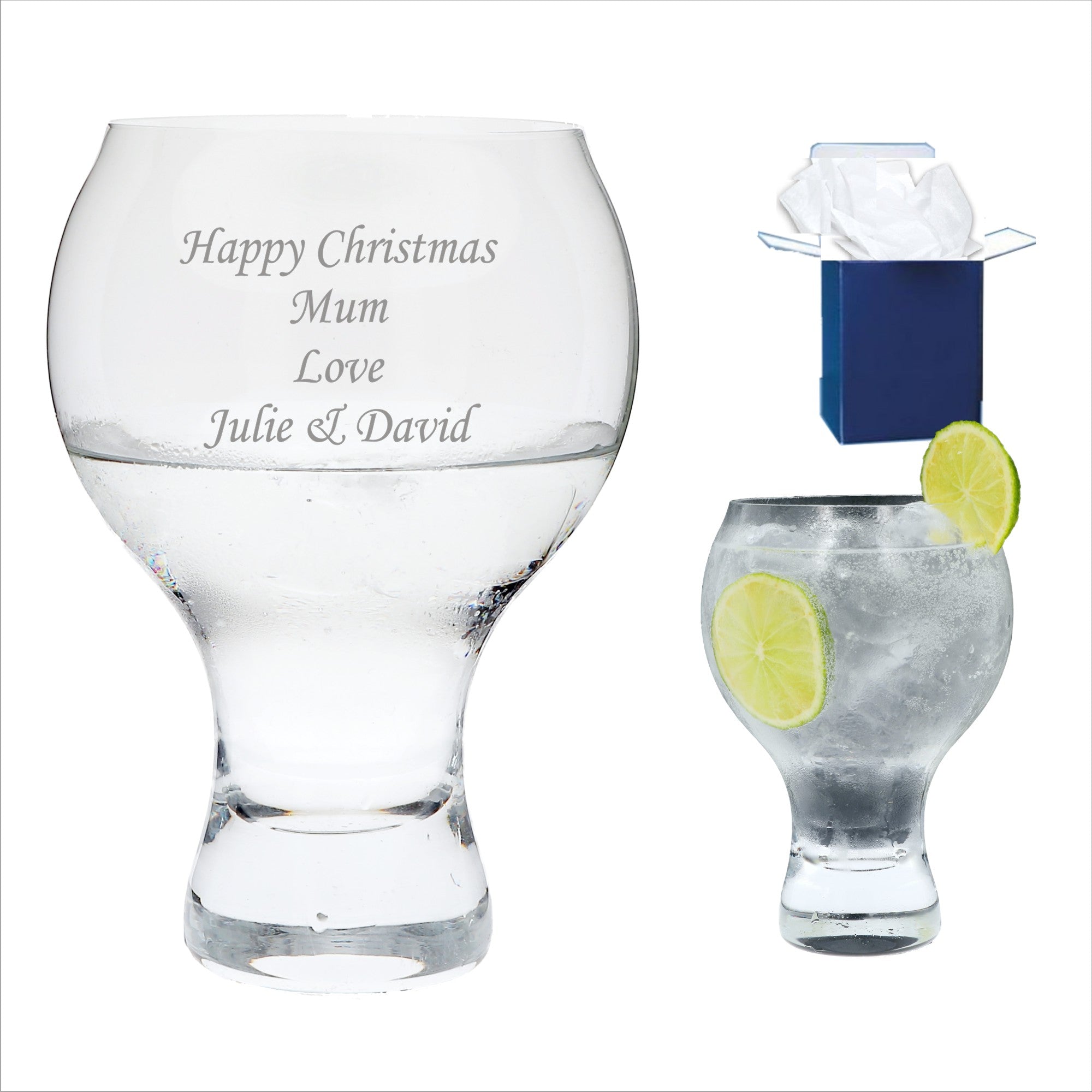 Engraved Large Thick stem Balloon Bubble Gin Glass