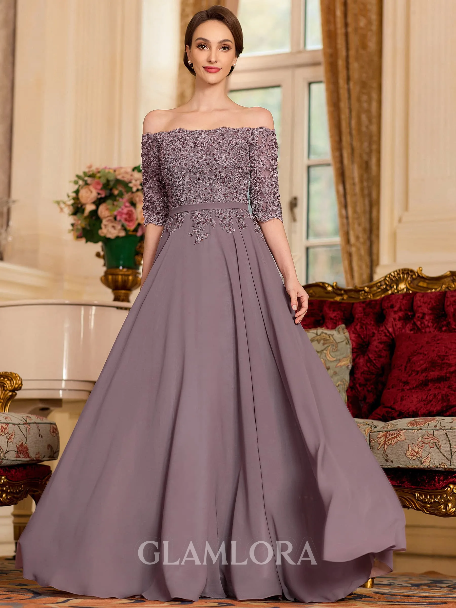 Mother of the Bride Dress Long 2026 Long Sleeves Off-the-Shoulder A-Line