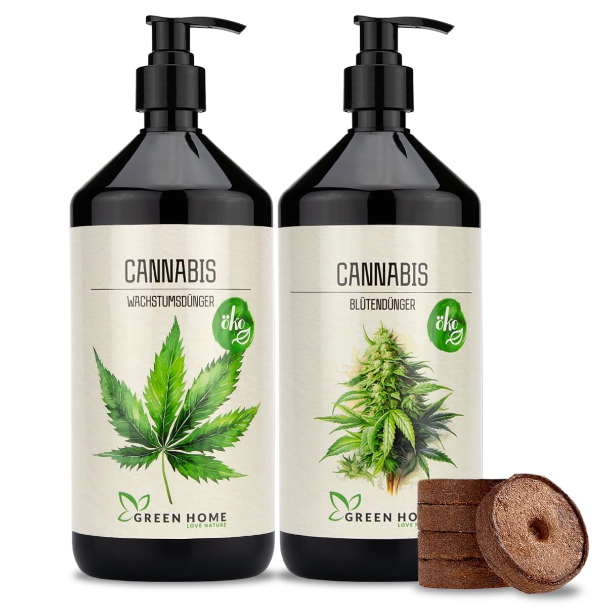 Green Home Cannabis Dünger Set mit Wachstumsdünger und Blütendünger inklusive Dosierpumpe für alle Wachstumsphasen.