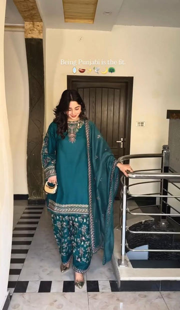 Aqua Green Designer Faux Georgette Farshi Salwar Suit | Dhoti Style