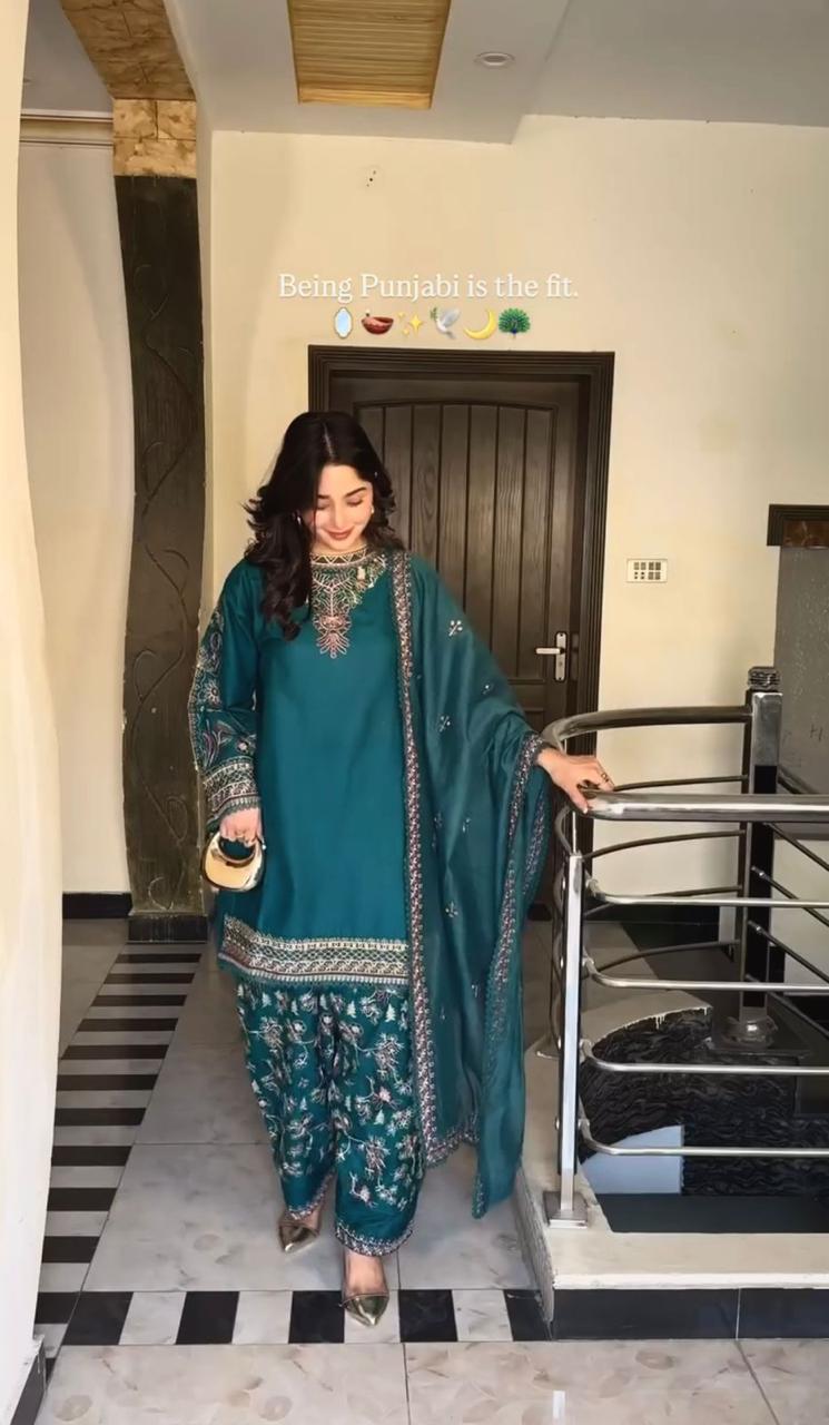 Aqua Green Designer Faux Georgette Farshi Salwar Suit | Dhoti Style