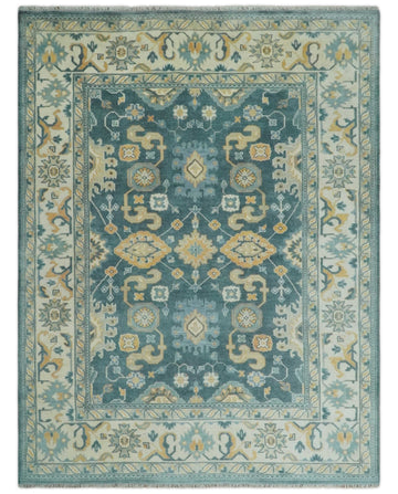 Hand Knotted 9x12 Blue, Ivory and Beige Antique Finish Turkish Style Oushak Wool Area Rug | TRDCP1084912