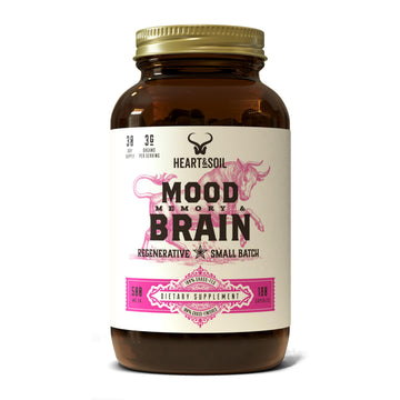 Front view of HEART & SOIL Beef Brain Supplement bottle (3000mg, 180 capsules)