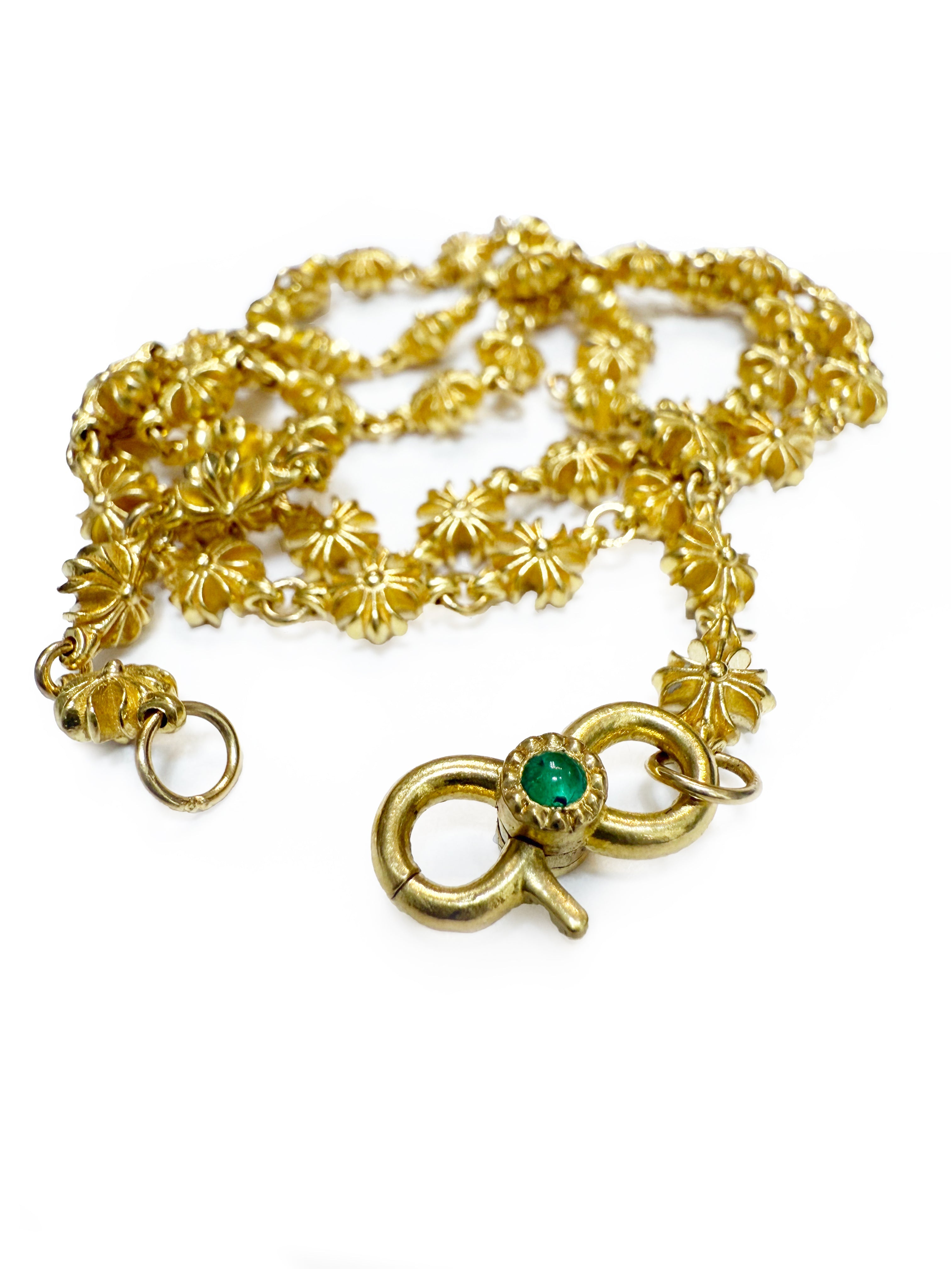 22K Gold Fluted Necklace with Natural Emerald Cabochon Lock – Customizable Length & Stone Options