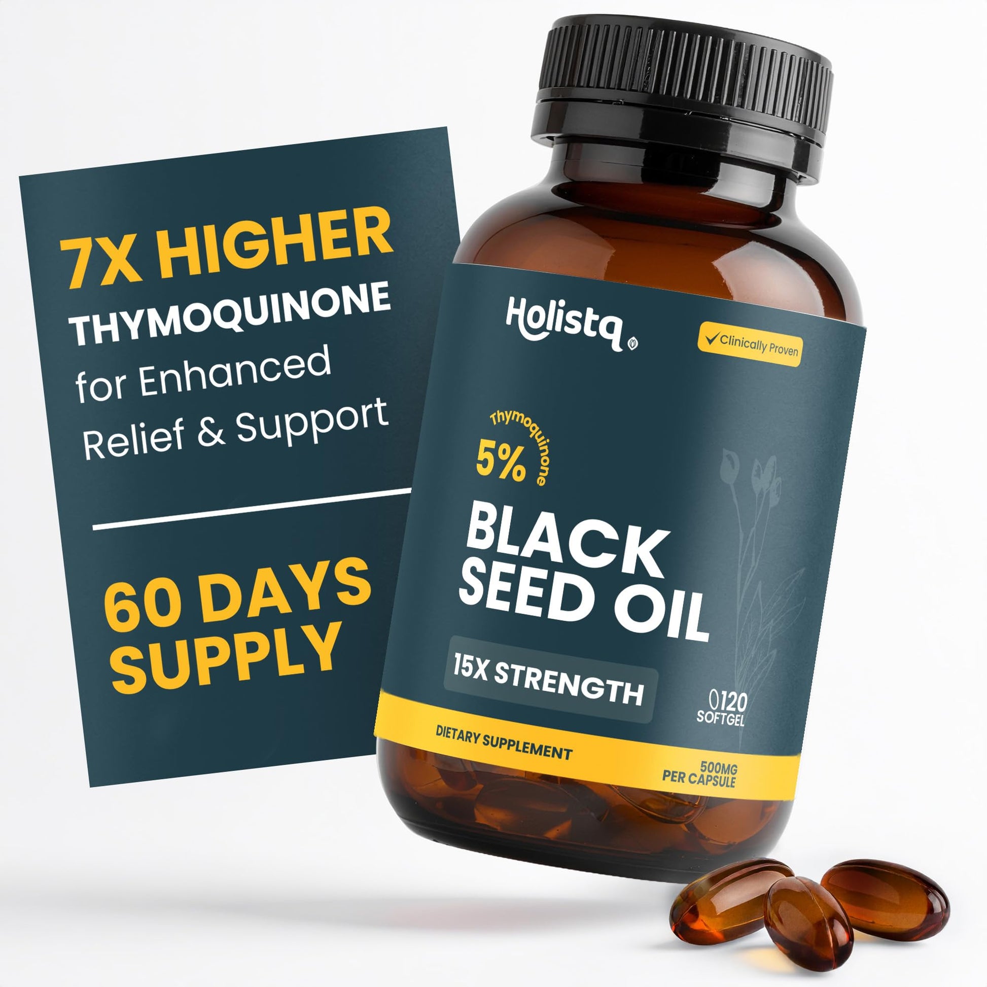 Holistiq Black Seed Oil Capsules bottle on white background