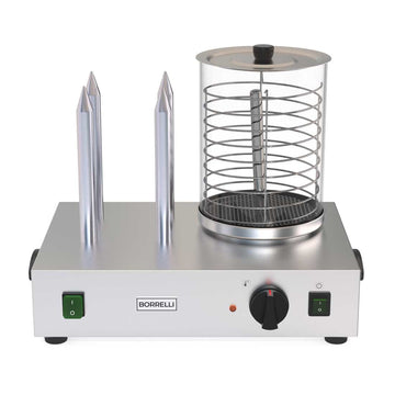 Borrelli commercial hotdog warmer with 4 stainless steel bun warming rods and a cylindrical glass enclosure, ideal for convenience stores.