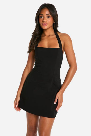 boohoo Women's Bengaline Square Neck Skater Dress in Black