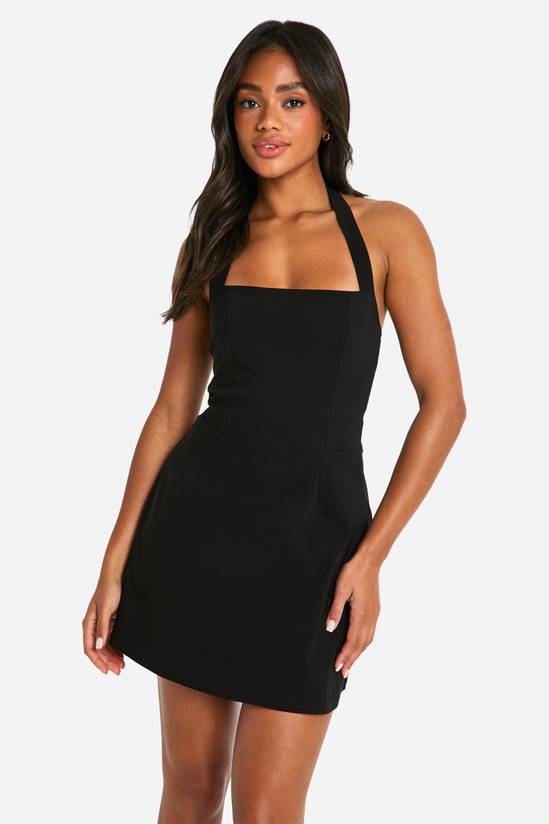 boohoo Women's Bengaline Square Neck Skater Dress in Black