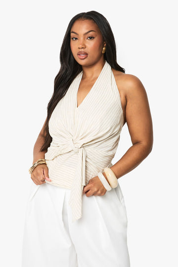 Plus Linen Stripe Halter Tie Front Top