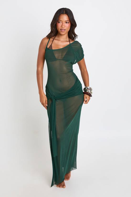 Teal boohoo Sheer Mesh Plunge Split Detail Maxi Beach Dress