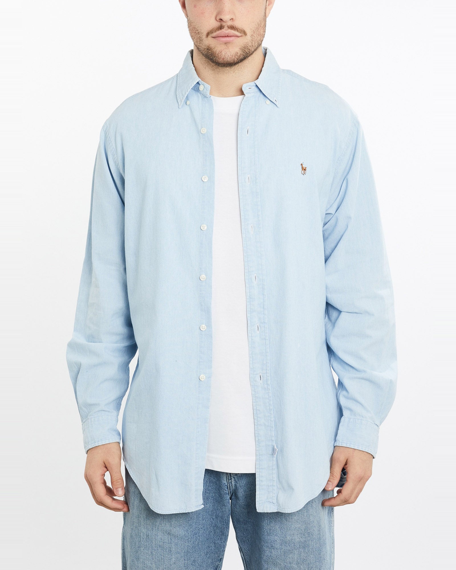 front full body shot of model wearing a Vintage 90s Polo Ralph Lauren Button Up Shirt, colour Blue, size XL