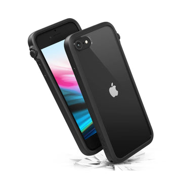 The Catalyst Case US Impact Protection Case for iPhone SE (Gen 3/2), 8, and 7 is shown in black from front and back on cracked white ground, highlighting its drop-proof MIL-STD 810G-certified protection.