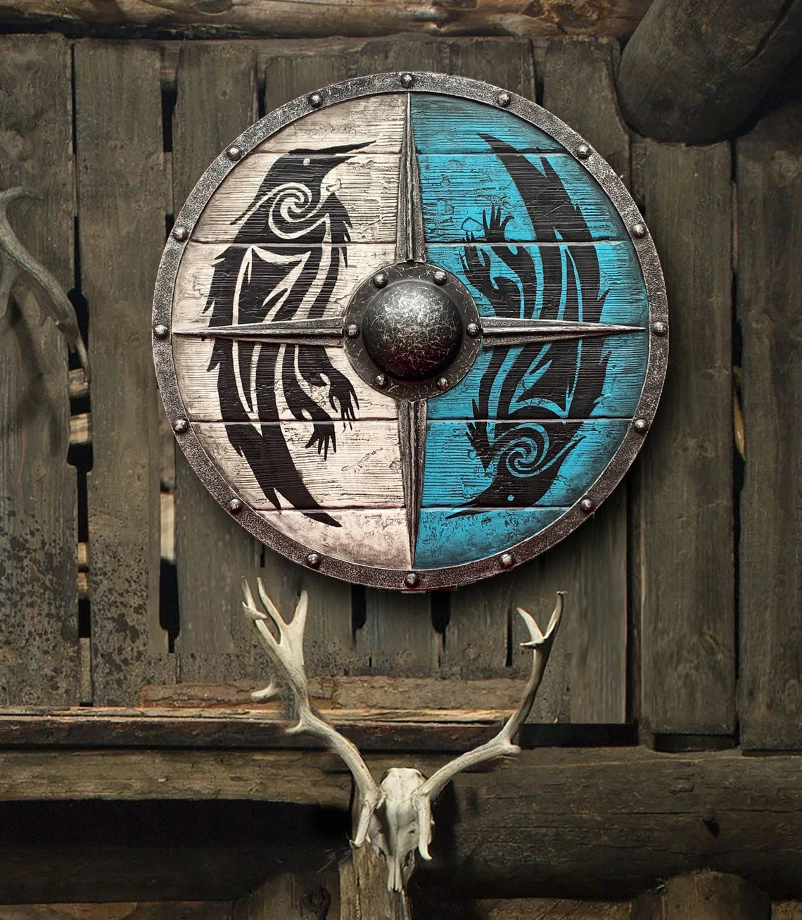 Handcrafted Eivor Valhalla Raven Battleworn Viking Shield – 24" Authentic Wood & Steel