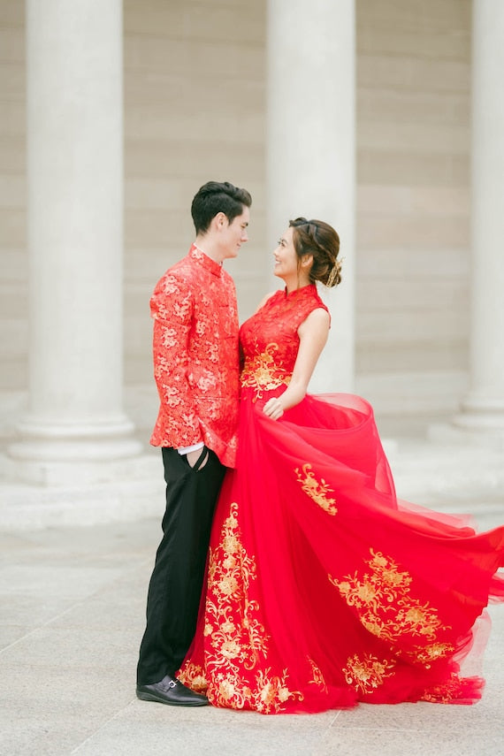 Chinese Wedding Dress | Modern Qipao | Red Cheongsam Wedding Dress |  Traditional Chinese Dress | Bridal Qipao Dress Tea Ceremony