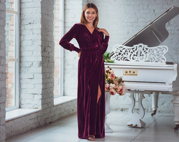 Plum Burgundy Velvet Wrap Dress: long sleeve and floor-length, Christmas or Holiday Parties, Fall, Winter Weddings & Special Occasions Gown