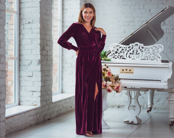 Plum Burgundy Velvet Wrap Dress: long sleeve and floor-length, Christmas or Holiday Parties, Fall, Winter Weddings & Special Occasions Gown