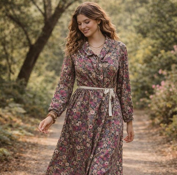 Vintage 60s Cotton Floral Dress | Fuchsia Gray Print | Midi Mid-calf Dress  | Collared Neckline | Long Sleeves | Large Size
