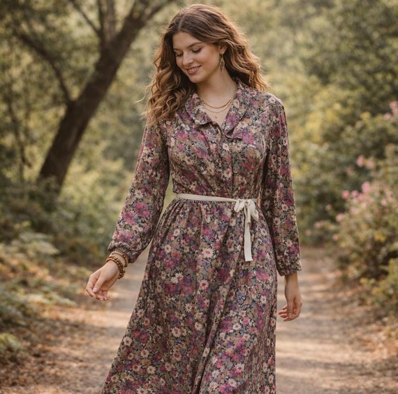 Vintage 60s Cotton Floral Dress | Fuchsia Gray Print | Midi Mid-calf Dress  | Collared Neckline | Long Sleeves | Large Size