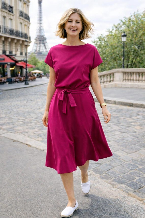 Fuchsia Cotton Dress With Pockets, Belted Midi Dress, Short Sleeve Fit and  Flare Dress, Casual Summer Dress for Women
