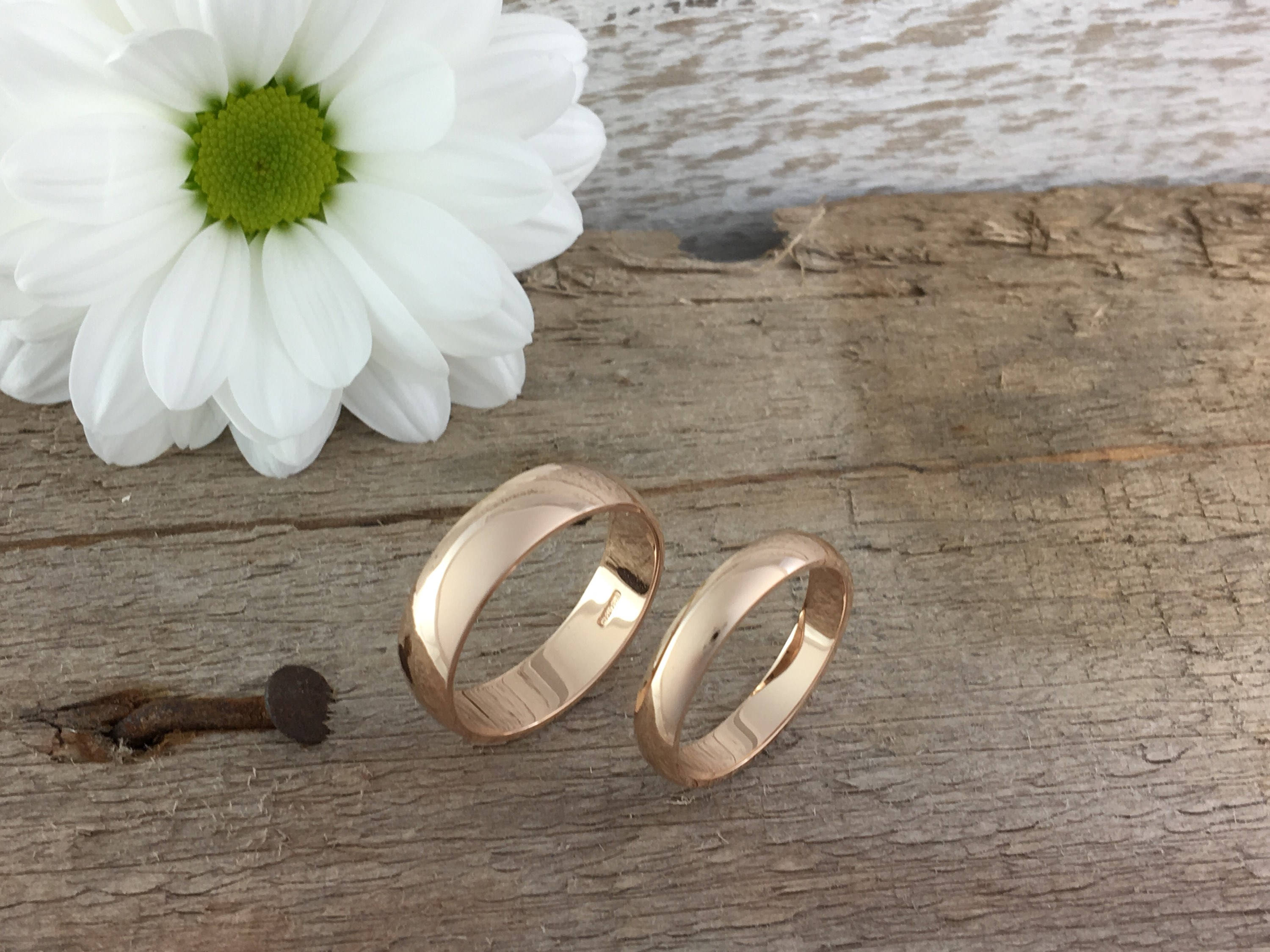 custom order rose gold courts shape wedding bands. 9ct 3mm size N, 18ct 4mm size V.