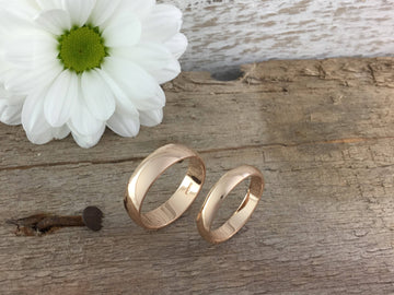 custom order rose gold courts shape wedding bands. 9ct 3mm size N, 18ct 4mm size V.