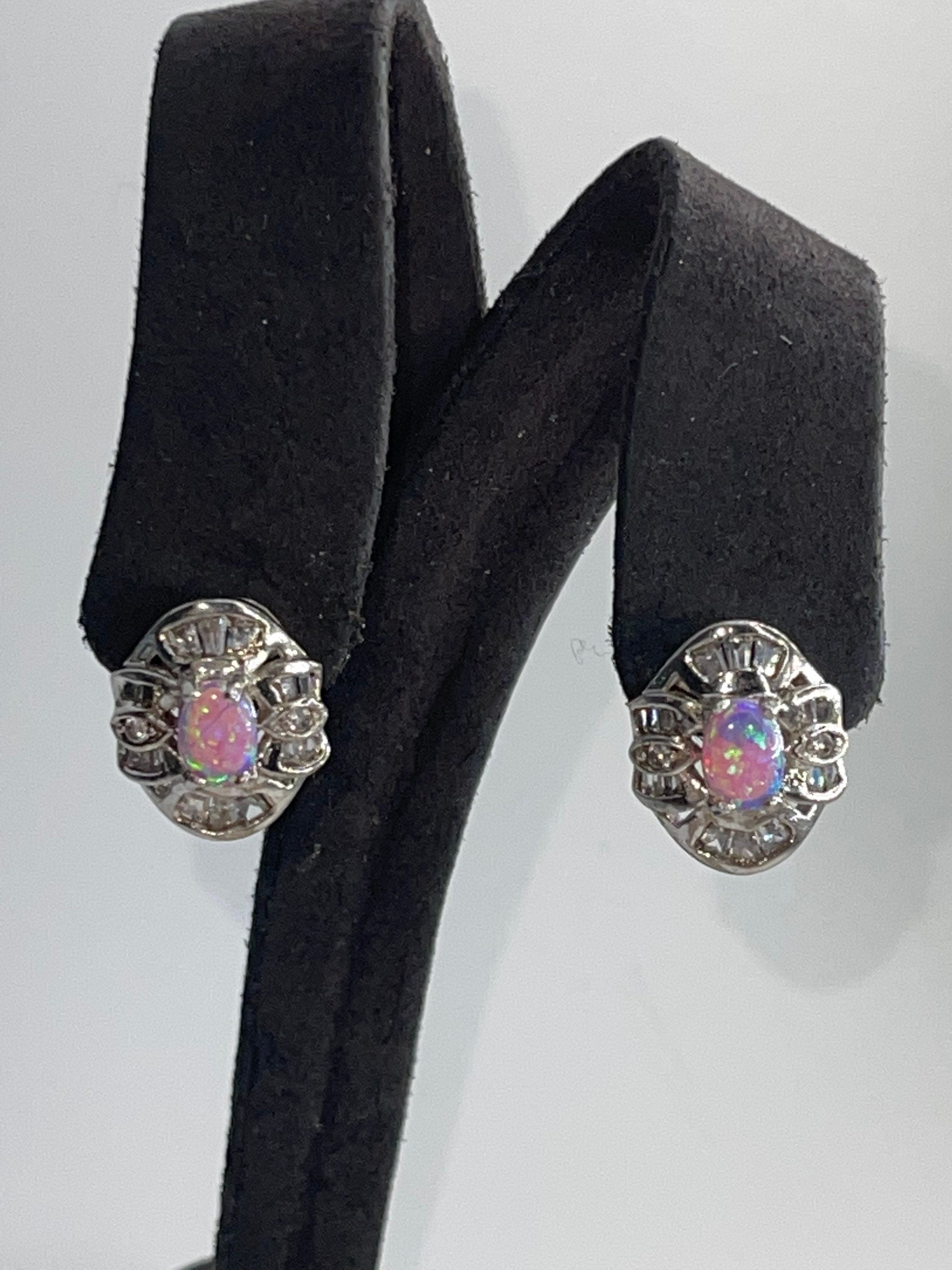 Vintage Cubic Zirconia & Fire Opal Stud Earrings - Sterling Silver 925 CZs