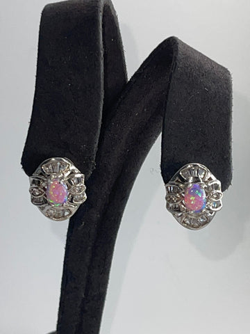 Vintage Cubic Zirconia & Fire Opal Stud Earrings - Sterling Silver 925 CZs