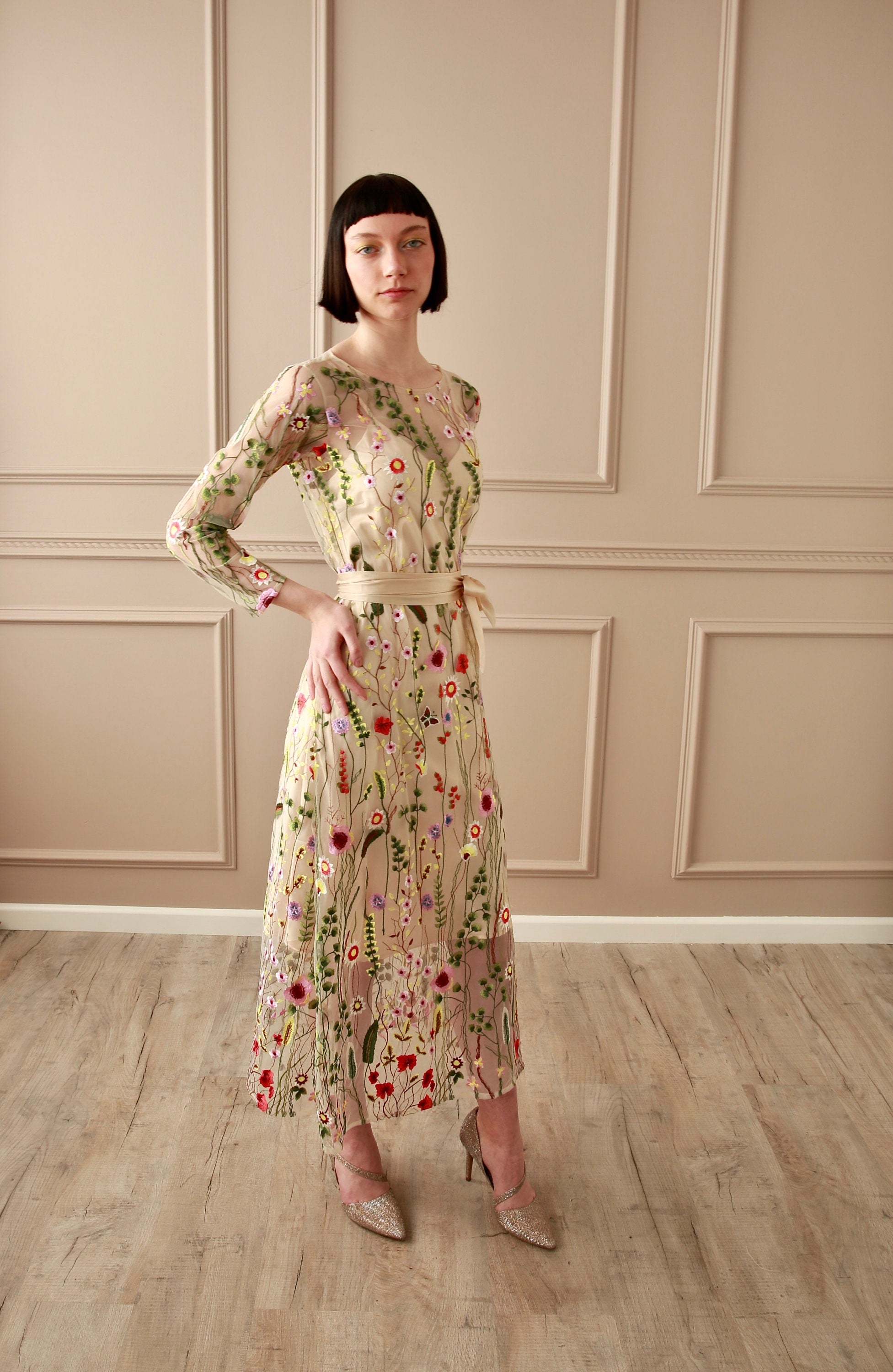 Long Sleeve Embroidered, Floral Dress