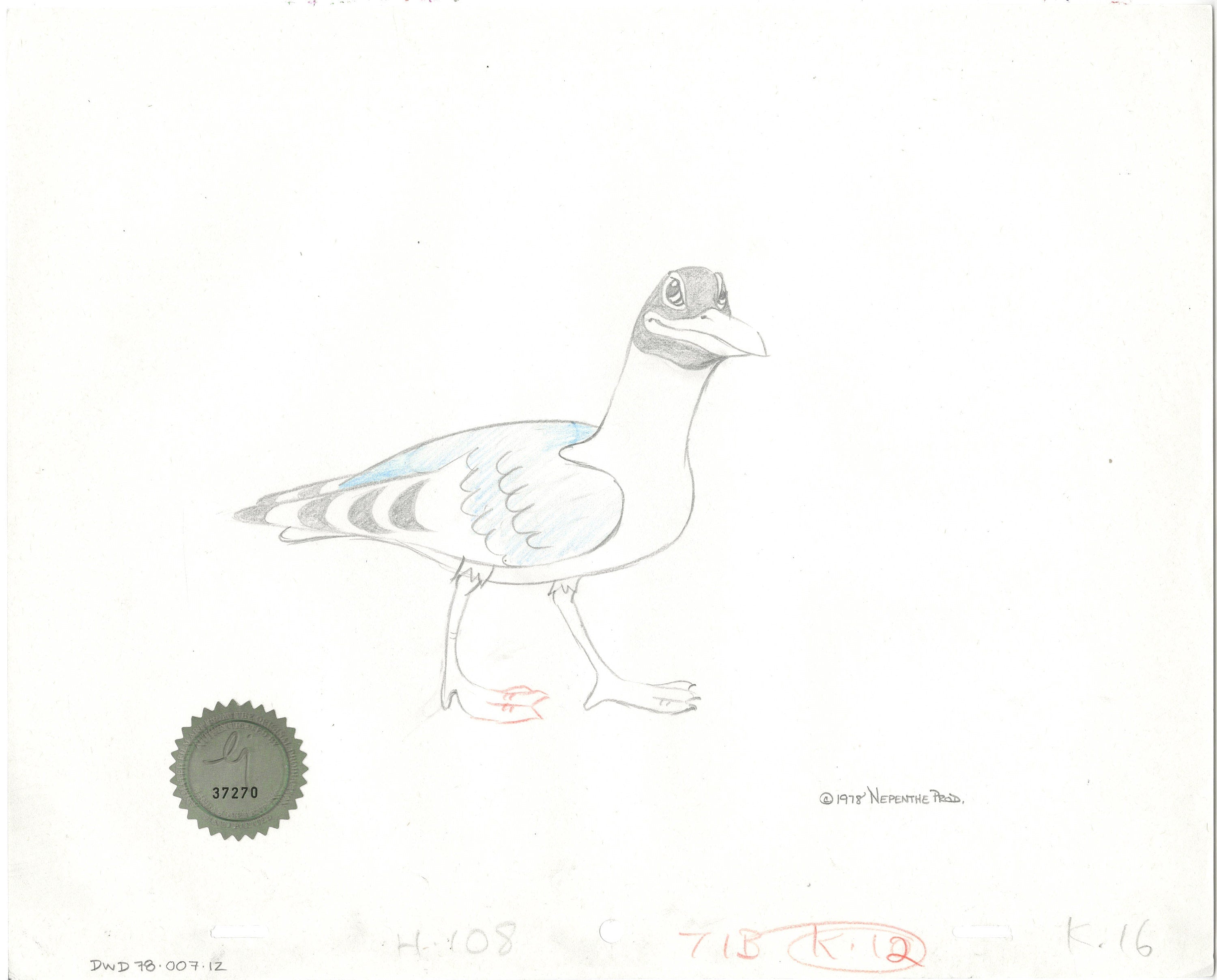 Watership Down 1978 Production Animation Cel Drawing of Kehaar with Linda Jones Enterprise Seal and Certificate of Authenticity 007-012
