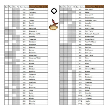 Shining Fates Checklist for Tracking Pokemon Cards - LIKE: Eevee VMAX - All Formats - Standard/reverse-holo/holo/full-art (2 Pages)