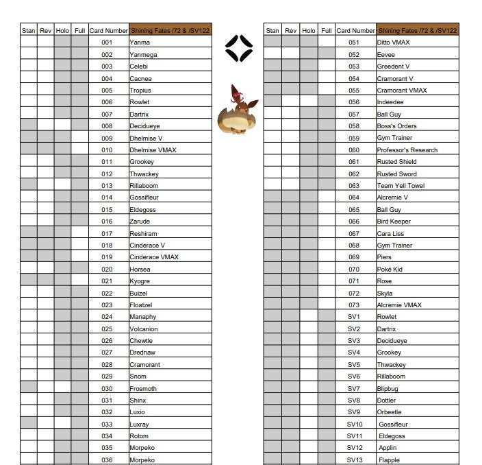 Shining Fates Checklist for Tracking Pokemon Cards - LIKE: Eevee VMAX - All Formats - Standard/reverse-holo/holo/full-art (2 Pages)