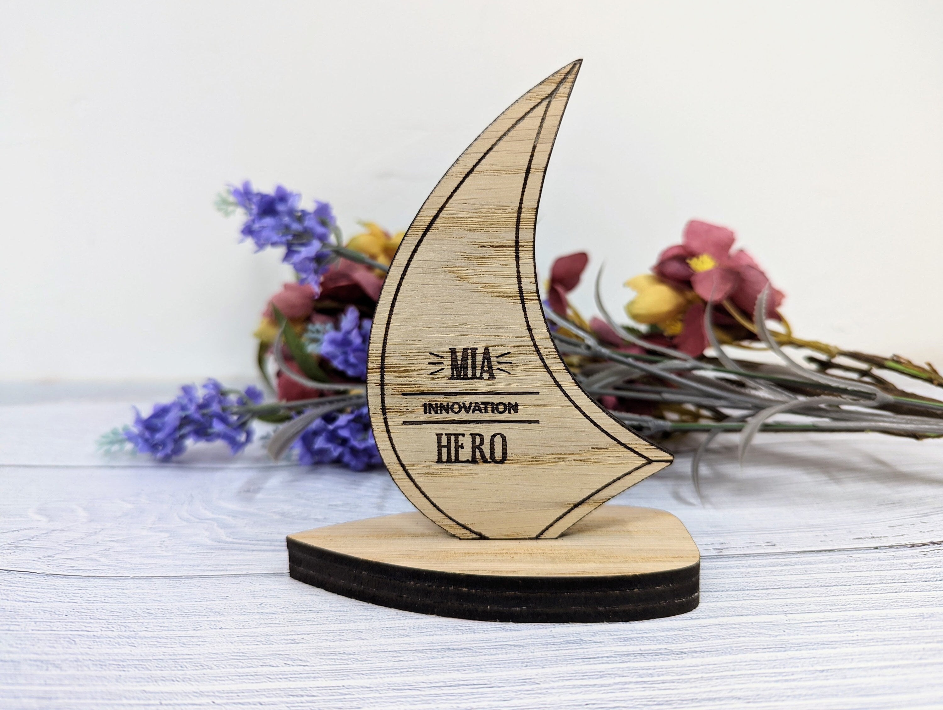 Employee Recognition Hero Trophy in oak veneered MDF — 200mm tall sailing boat shape, laser-engraved