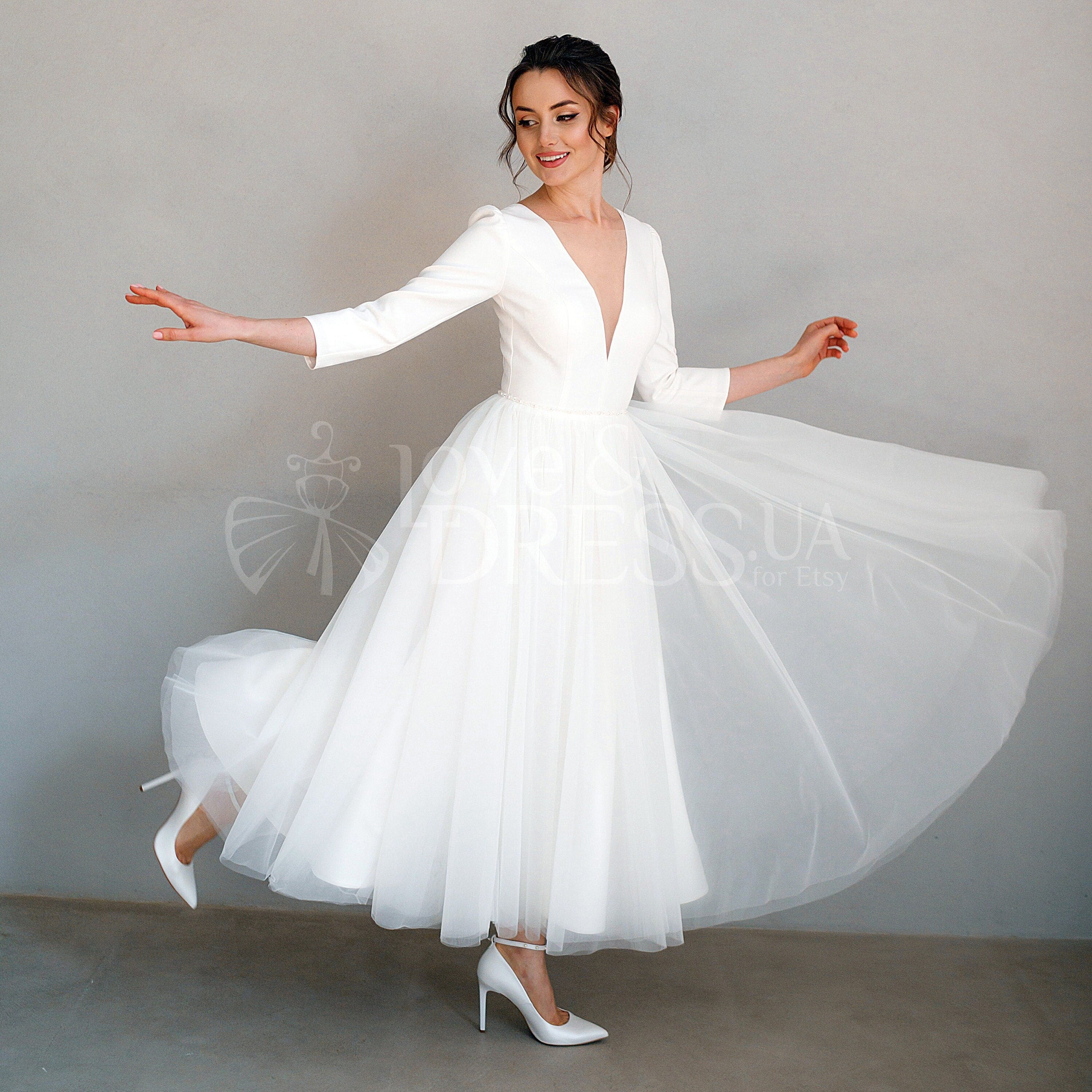 Tea Length Wedding Dress, Midi Retro Wedding Dress, 50s Wedding Dress, Bridal Shower Dress, Wedding Reception Dress, Elopement Dress