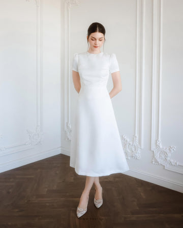 Satin A-Line Wedding Dress, Round Neck Short Sleeve Bridal Gown, Custom Made