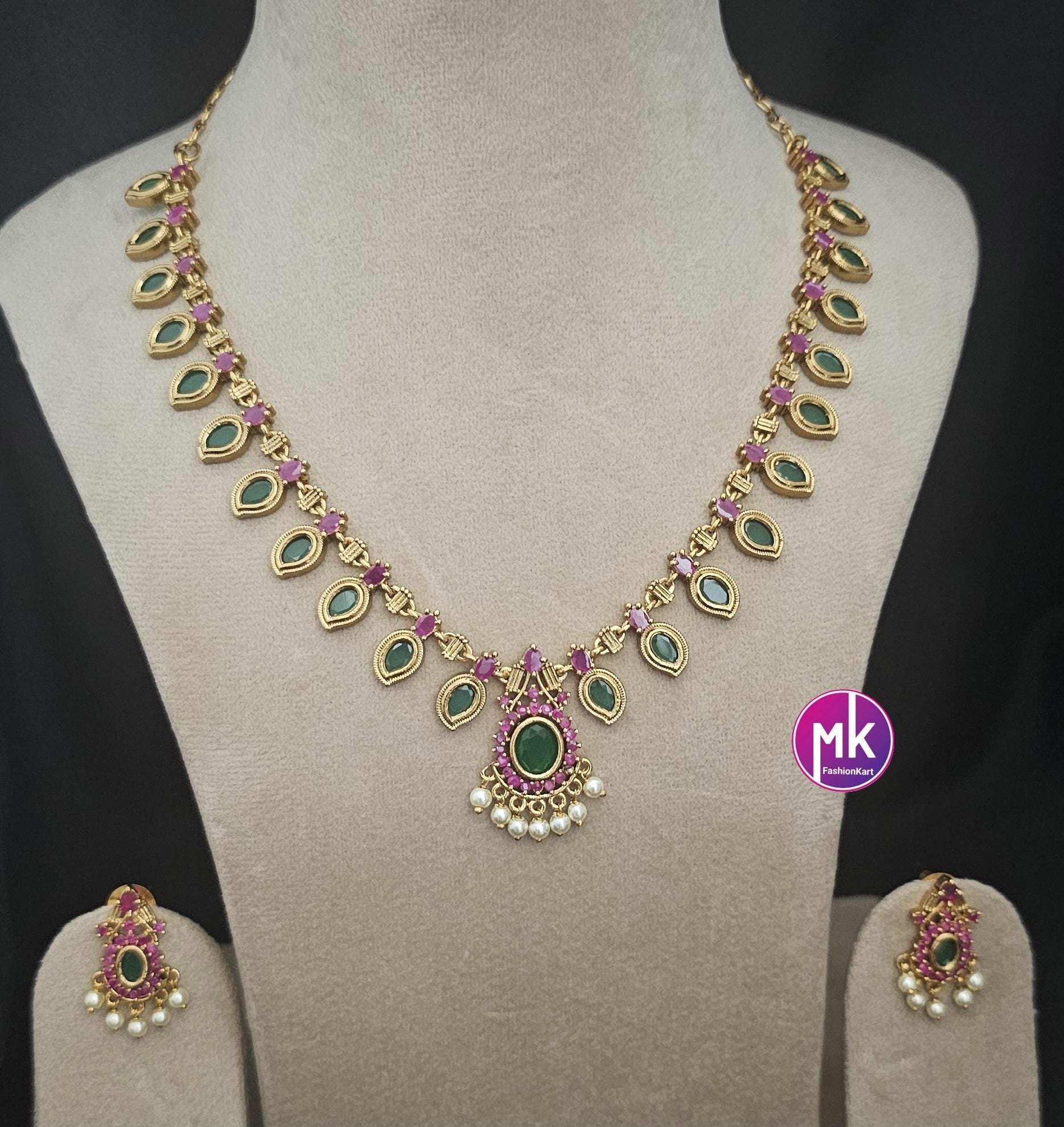Matte finish Traditional Kerala style Mango Necklace with matching Beautiful Earrings - Adult cum Teen Necklace - MK Fashionkart