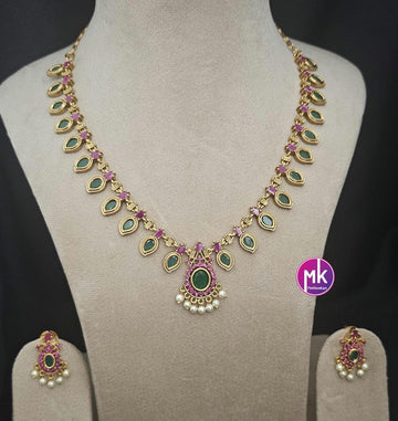 Matte finish Traditional Kerala style Mango Necklace with matching Beautiful Earrings - Adult cum Teen Necklace - MK Fashionkart