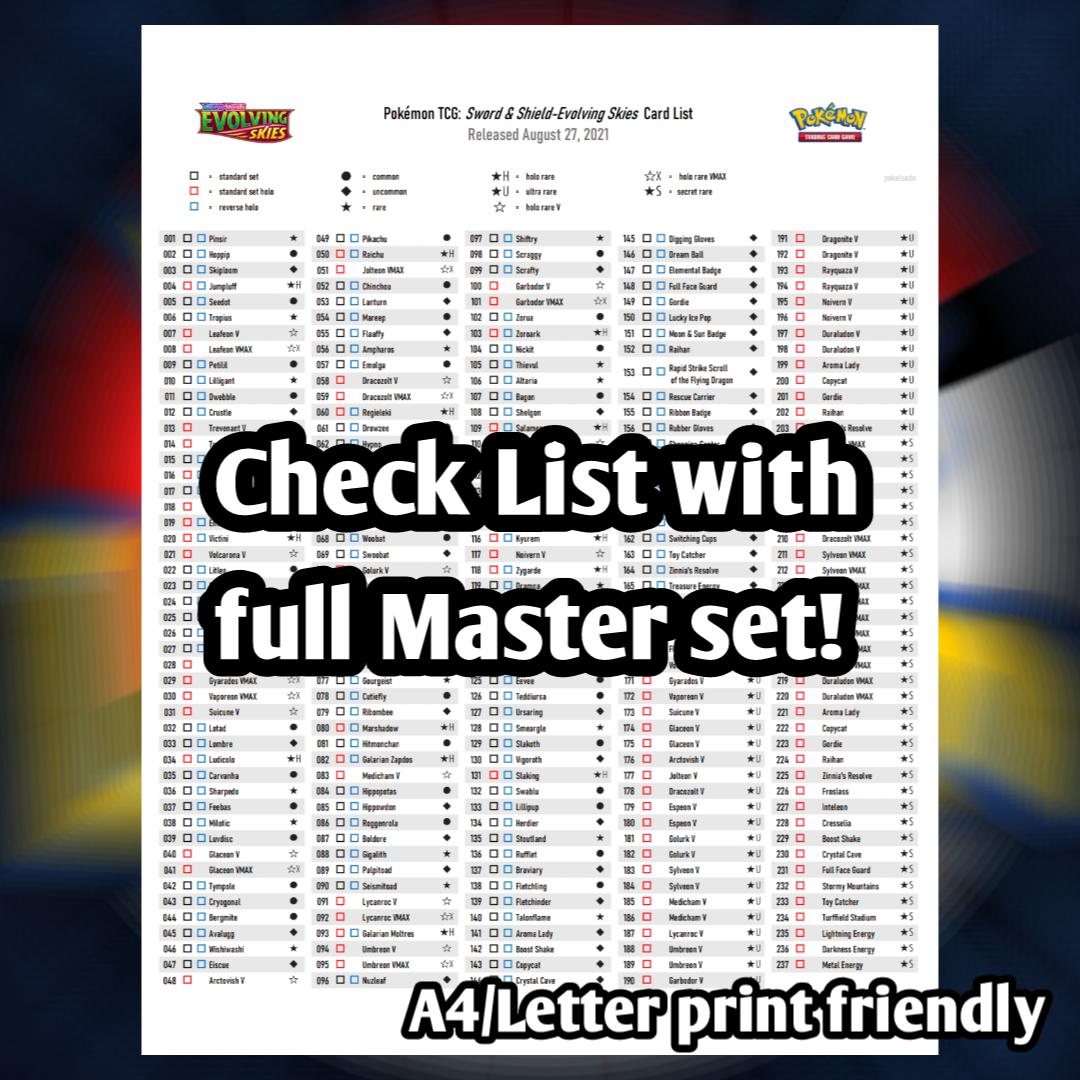 Pokemon TCG Evolving Skies Binder Placeholder and Checklist Master Card List  Digital Download Sword and Shield
