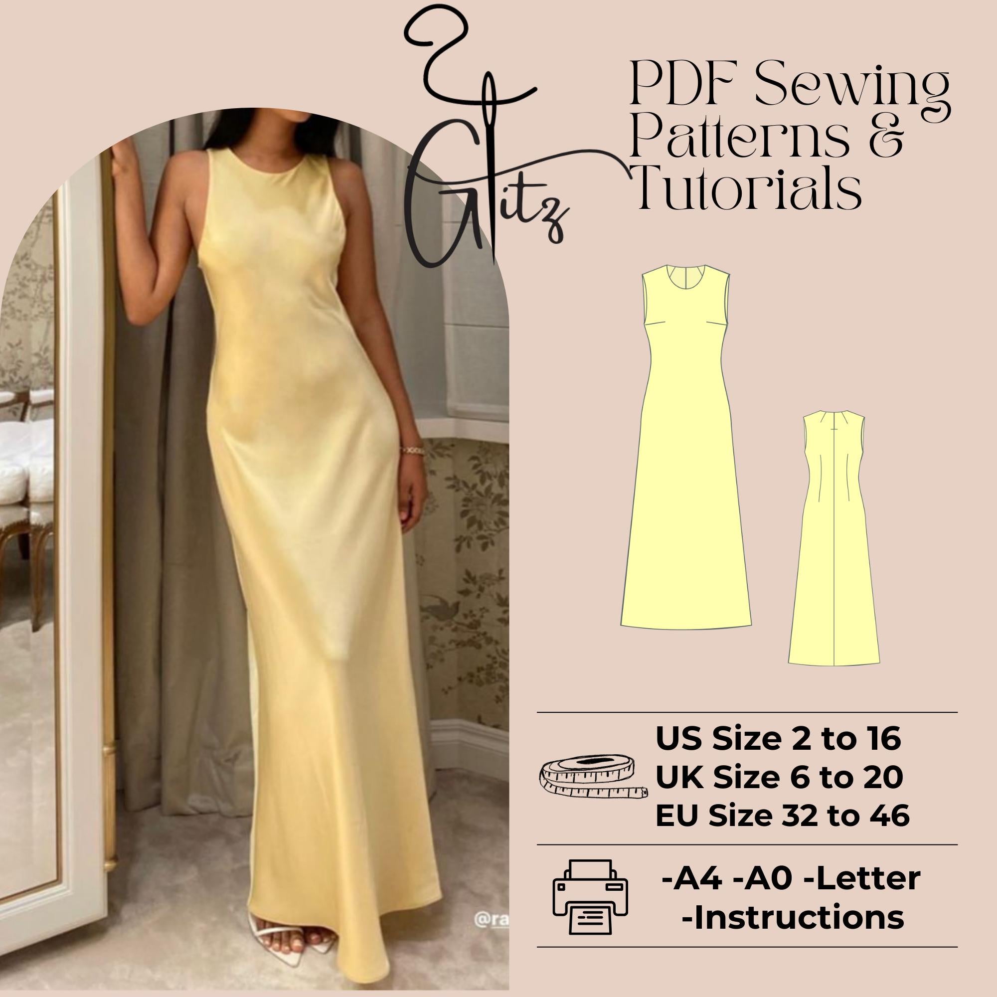 Satin Maxi Evening Dress Sewing Pattern, Beginner Friendly (PDF Pattern, US 2-30)