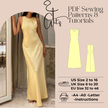 Satin Maxi Evening Dress Sewing Pattern, Beginner Friendly (PDF Pattern, US 2-30)
