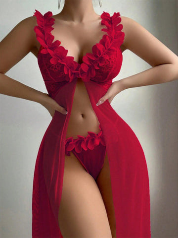Sexy and sexy lingerie set with slits, see-through slip dress, long skirt, 2-piece set-TOPS / DRESSES-[Adult]-[Female]-Wine Red-S-2022 Online Blue Zone Planet