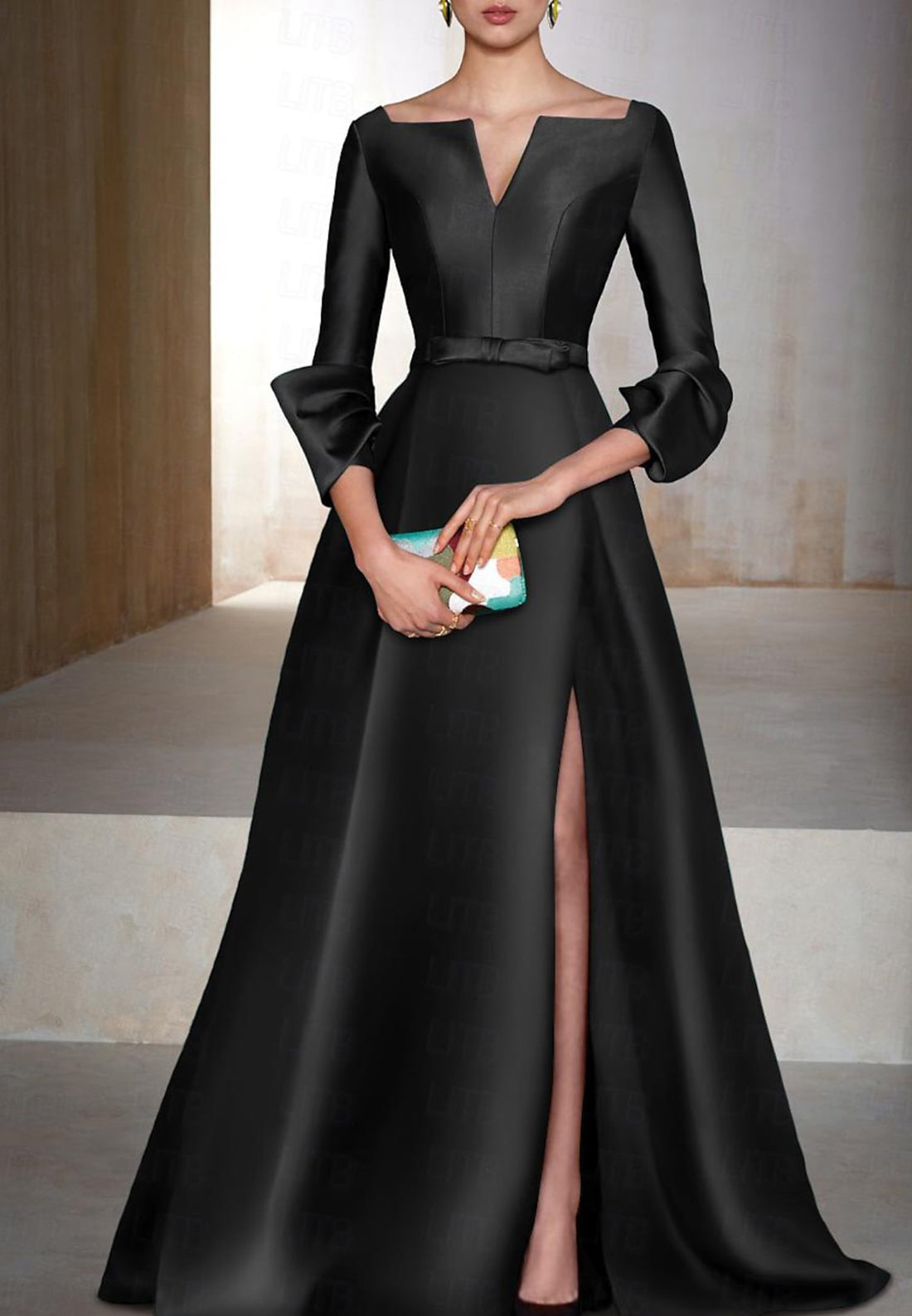 black long sleeve mother of the bride dresses A Line V Neck 3/4 Sleeves Satin Mother of the Bride Dress Long Formal – Loveiss
