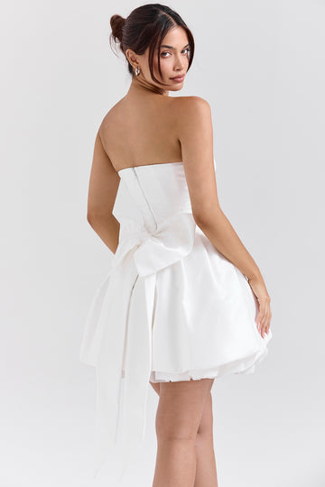 'Noele' White Satin Strapless Bow Mini Gown