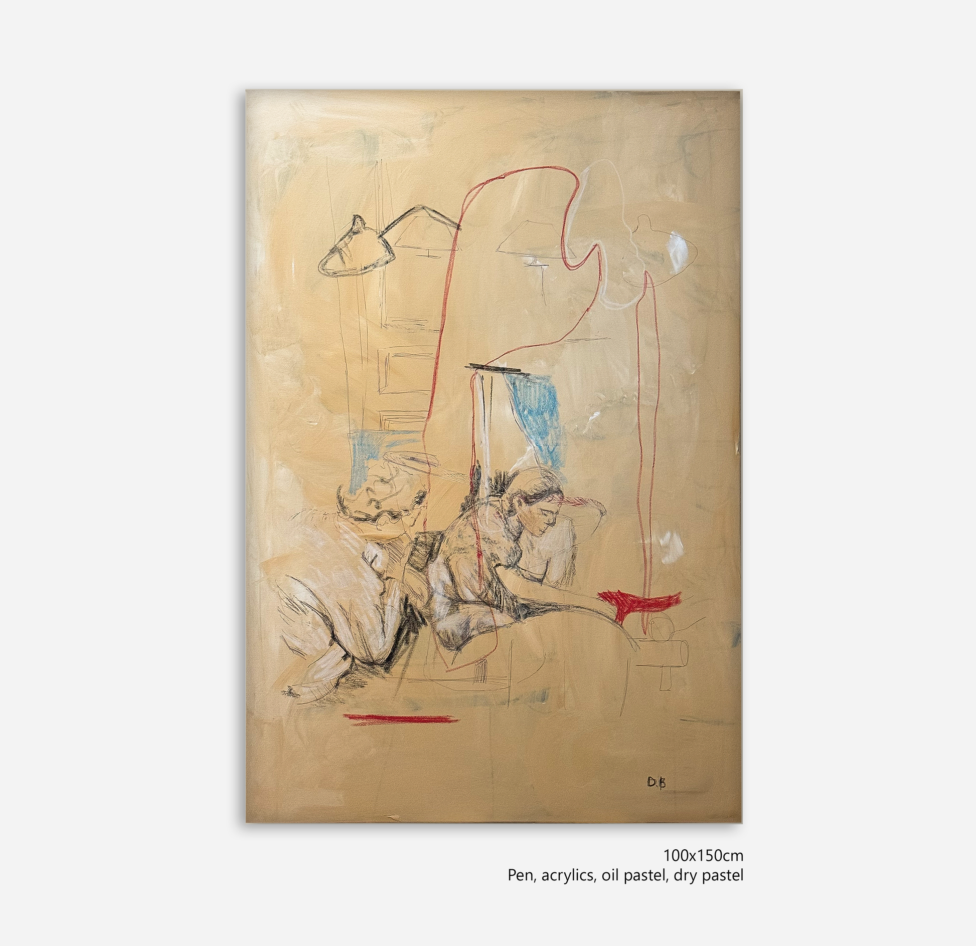 Abstract artwork on a beige background with text indicating dimensions and materials used.