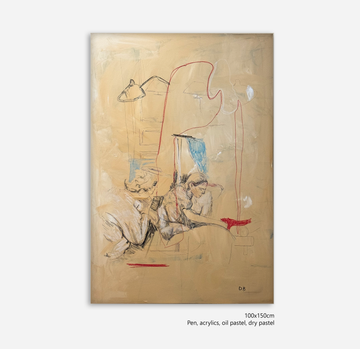 Abstract artwork on a beige background with text indicating dimensions and materials used.