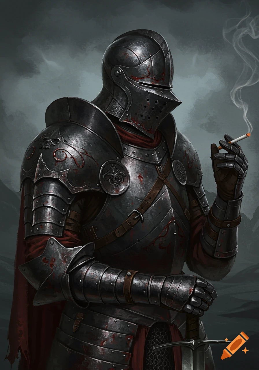 Dark fantasy illustration of a knight in bloodied armor smoking a cigarette on Craiyon