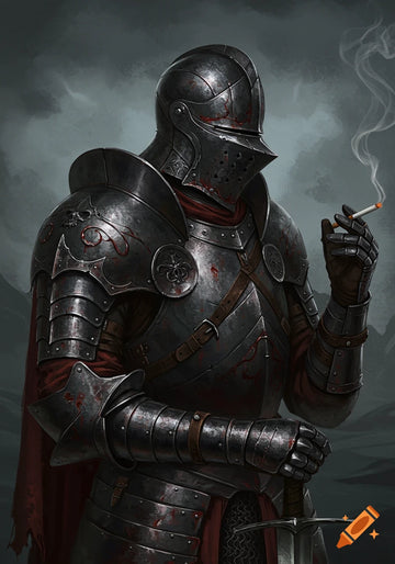Dark fantasy illustration of a knight in bloodied armor smoking a cigarette on Craiyon