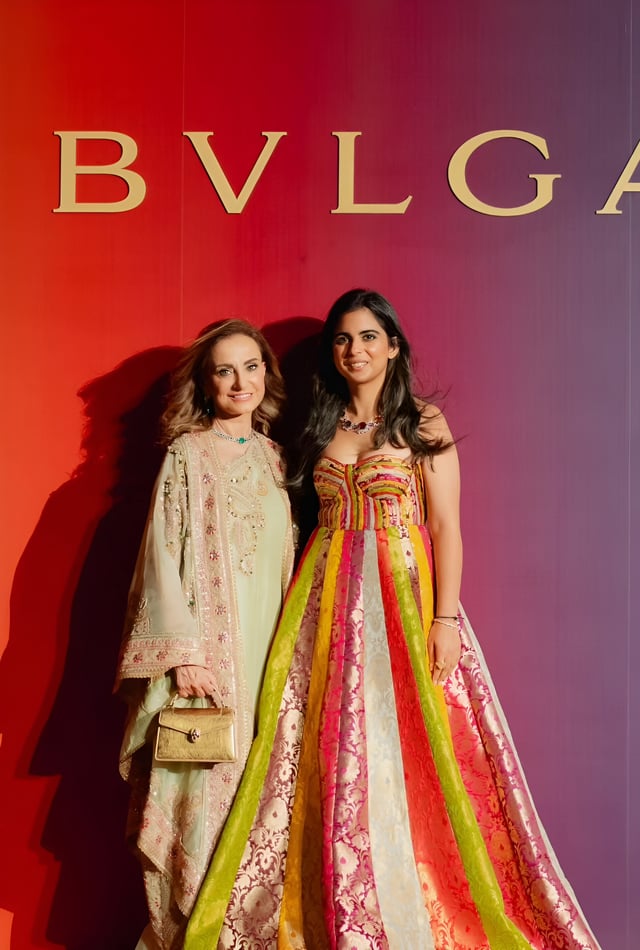 Isha Ambani is wearing a Banarasi floor length Gown designed by Ashwin  Thiyagarajan, at Ambani family hosted Bvlgari roman holi event. :  r/BollywoodFashion