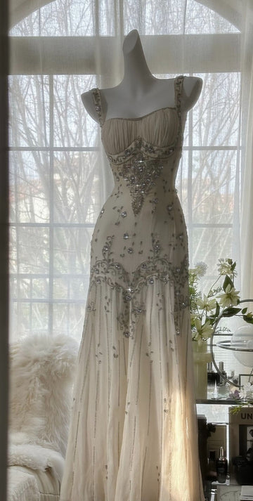 Ivory A Line Straps Beaded Chiffon Long Prom Dress Graduation Prom Dresses